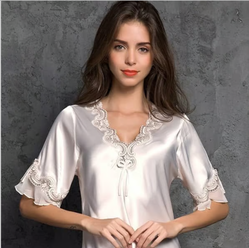 Lace Nightclothes Ice Silk Short Sleeve  Color: Champagne Size: XL-XXL