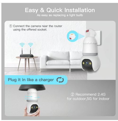 4MP Light Bulb Security Camera 5G&2.4GHz Wireless Outdoor Indoor Camera with Night Vision