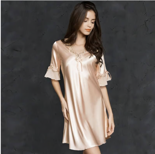 Lace Nightclothes Ice Silk Short Sleeve  Color: Champagne Size: XL-XXL