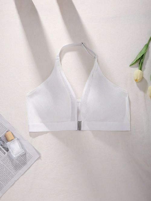 👙Plus Size Solid Color Mesh Patchwork Open Back Halter Bra👙