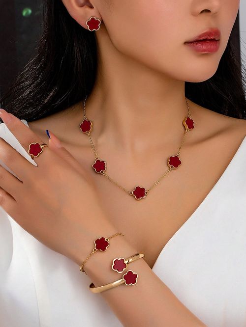 6pcs Set Fashion Clover Earring Necklace Bracelet Ring Jewelry Set Valentines