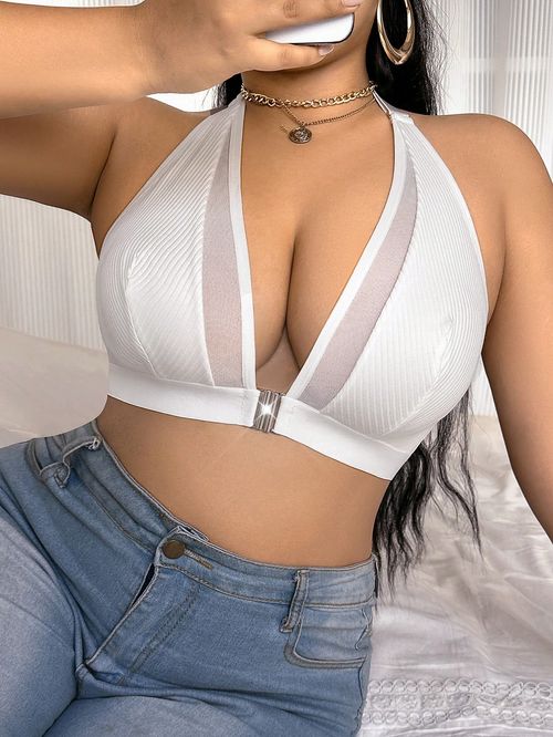 👙Plus Size Solid Color Mesh Patchwork Open Back Halter Bra👙