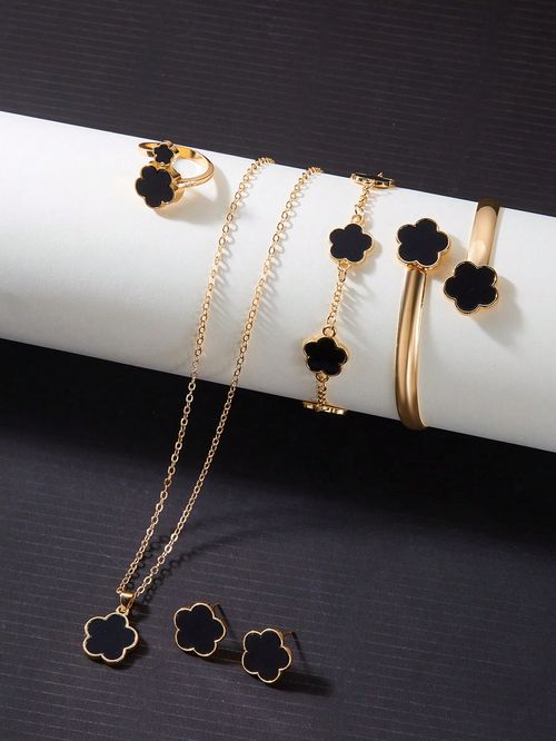 6pcs Set Fashion Clover Earring Necklace Bracelet Ring Jewelry Set Valentines
