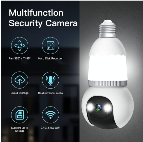 4MP Light Bulb Security Camera 5G&2.4GHz Wireless Outdoor Indoor Camera with Night Vision
