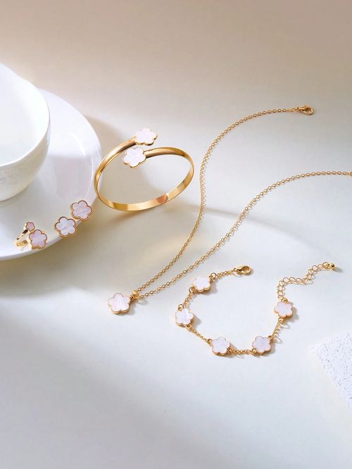 6pcs Set Fashion Clover Earring Necklace Bracelet Ring Jewelry Set Valentines