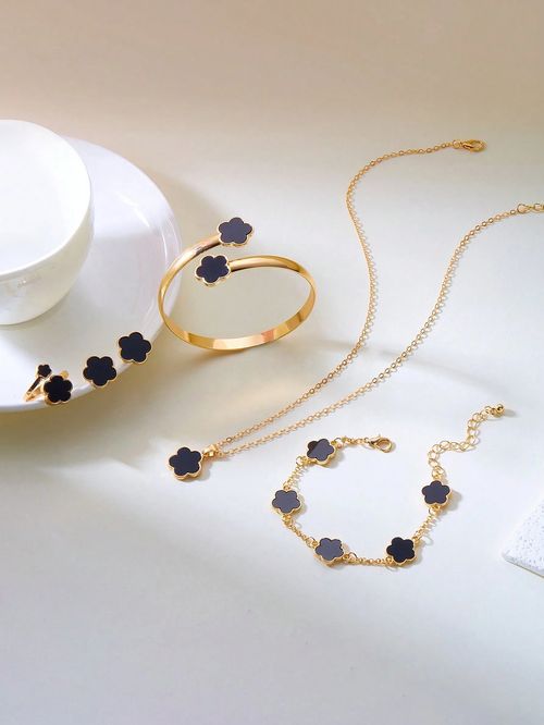 6pcs Set Fashion Clover Earring Necklace Bracelet Ring Jewelry Set Valentines