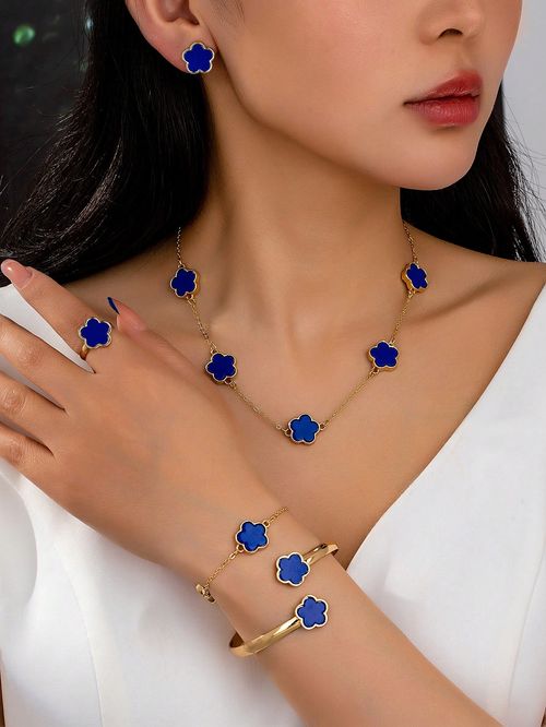 6pcs Set Fashion Clover Earring Necklace Bracelet Ring Jewelry Set Valentines