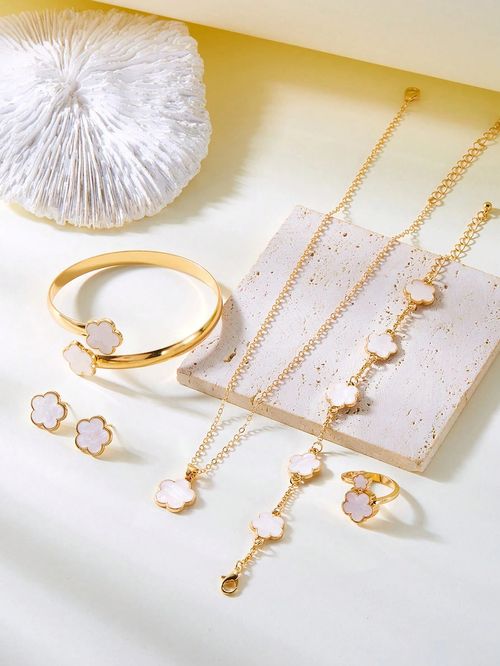 6pcs Set Fashion Clover Earring Necklace Bracelet Ring Jewelry Set Valentines