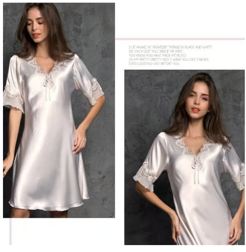 Lace Nightclothes Ice Silk Short Sleeve  Color: Champagne Size: XL-XXL