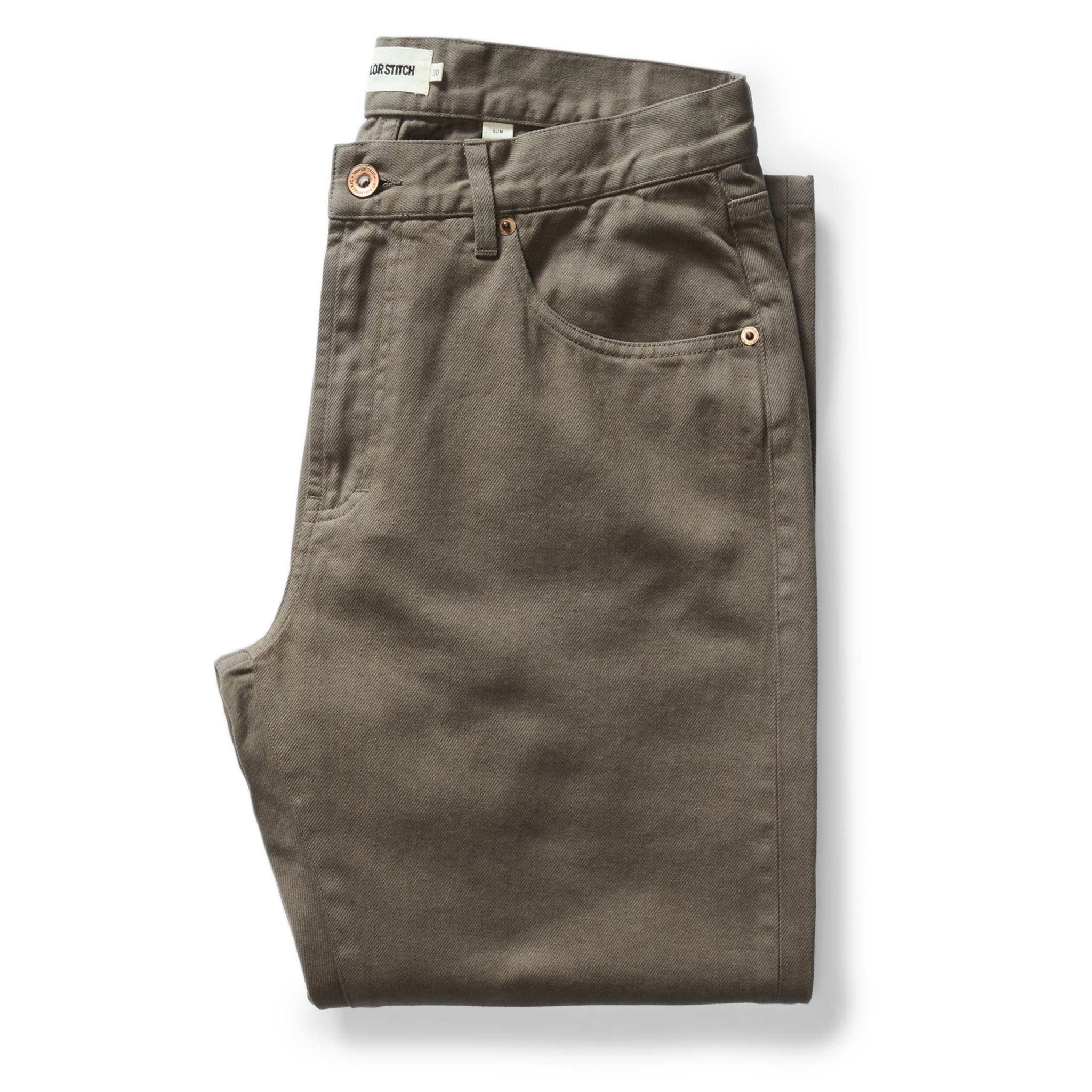 Ewwsr Slim All Day Pant in Fatigue Olive Selvage Denim