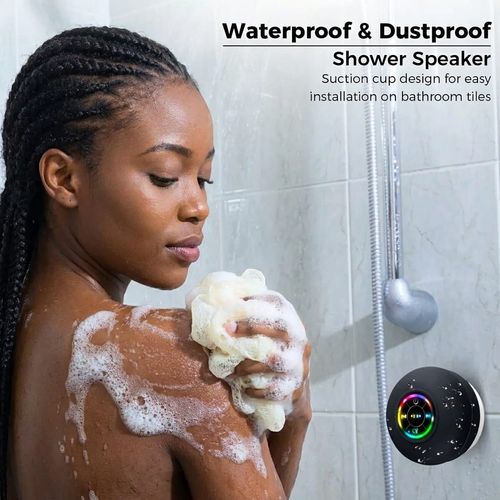 Portable Waterproof Bluetooth Speaker with LED Lights & Strong Suction Cup - Deep Bass (Black)