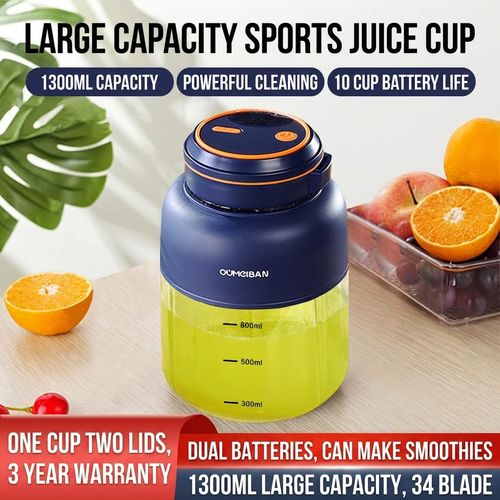 1300ML Mega Portable Blender & Sports Juicer | USB Rechargeable (2 Lids Included)