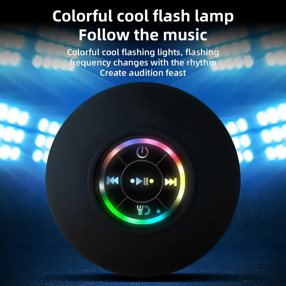 Portable Waterproof Bluetooth Speaker with LED Lights & Strong Suction Cup - Deep Bass (Black)