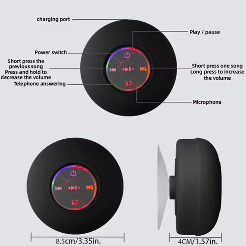 Portable Waterproof Bluetooth Speaker with LED Lights & Strong Suction Cup - Deep Bass (Black)