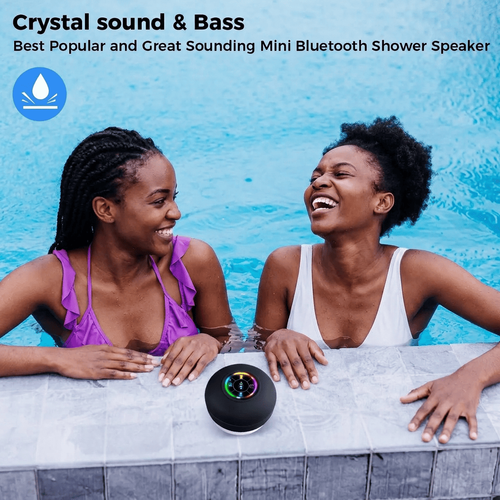 Portable Waterproof Bluetooth Speaker with LED Lights & Strong Suction Cup - Deep Bass (Black)