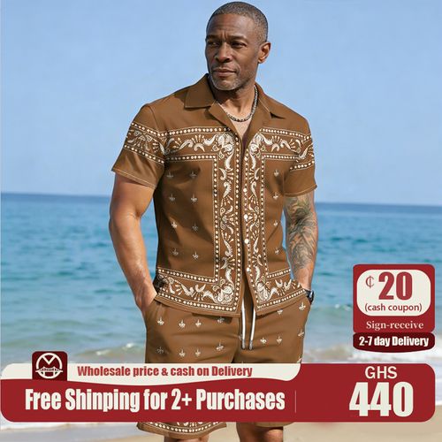 0206Brown Patterned Cuban Collar Lyocell SetDW063