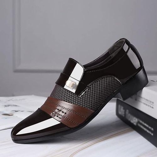 Shoes Dress Oxford for Men Lace Up Round Toe Shiny Leather Rubber Sole Low Top Non Slip Resistant Block Heel Classic