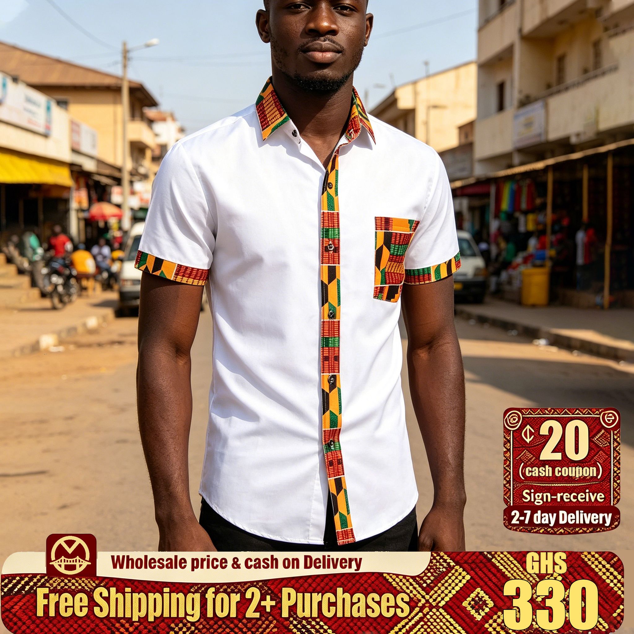 🔥Ghana - All Kente Trim White Short Sleeve Shirt🔥Free Shipping for 2+ Purchases-YML-CP-020