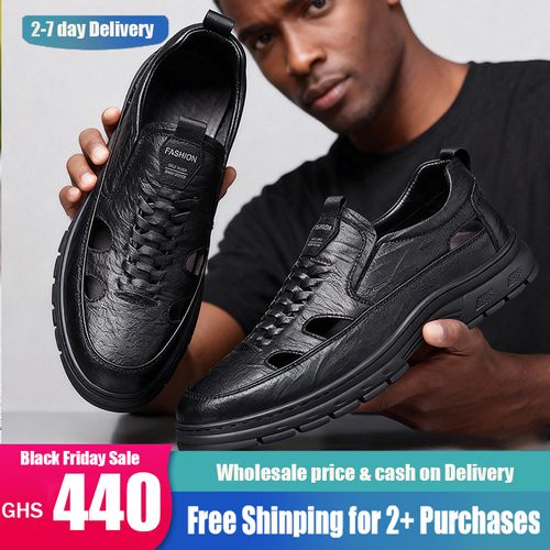 0929Black hollow breathable genuine leather sandalsYML010