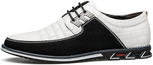 Men's Business Casual Leather Shoes: Premium leather, non-slip sole, black-white colorblock for elegant style.