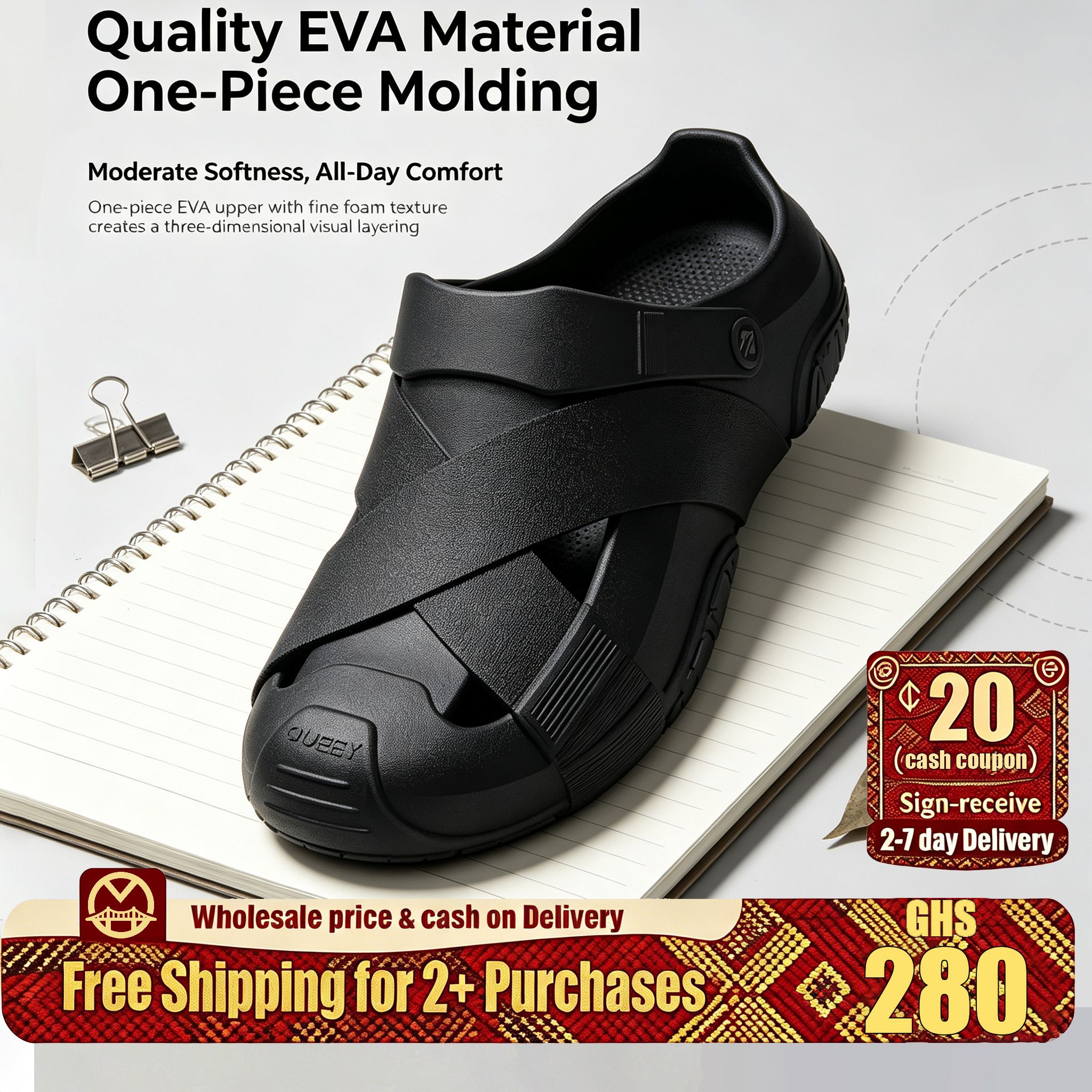🔥Ghana -Black Cross Strap EVA Closed Toe Sandals🔥Free Shipping for 2+ Purchases-YML-CP-023