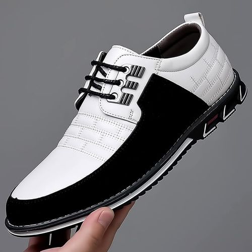 Men's Business Casual Leather Shoes: Premium leather, non-slip sole, black-white colorblock for elegant style.