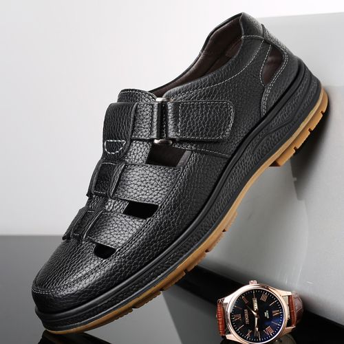 0903Black leather perforated slip-on shoes - DW025