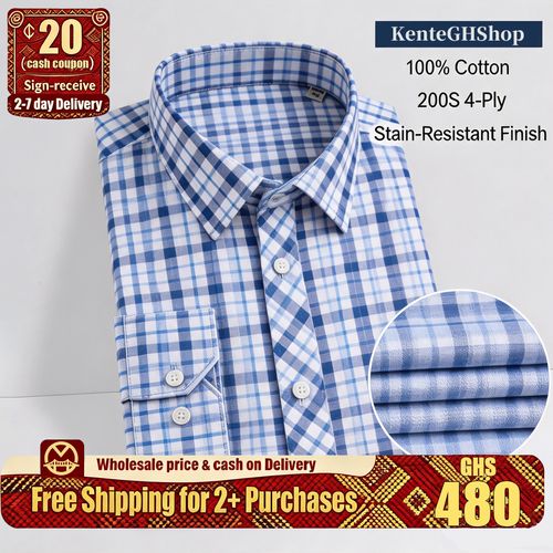 🔥Ghana - 100% Cotton Blue Plaid Short Sleeve Shirt🔥Free Shipping for 2+ Purchases-LB-CY-001