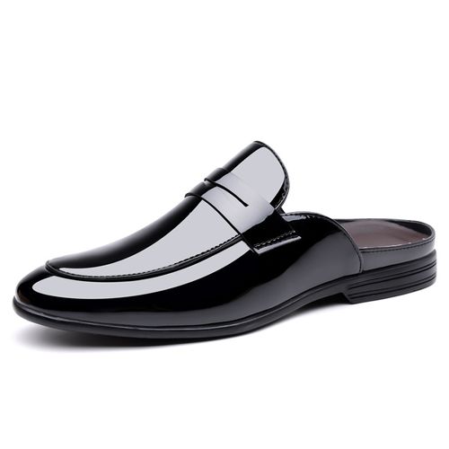 Leather flat-bottomed slip-on half-toe shoes for men, with shiny leather upper, pointed toe.