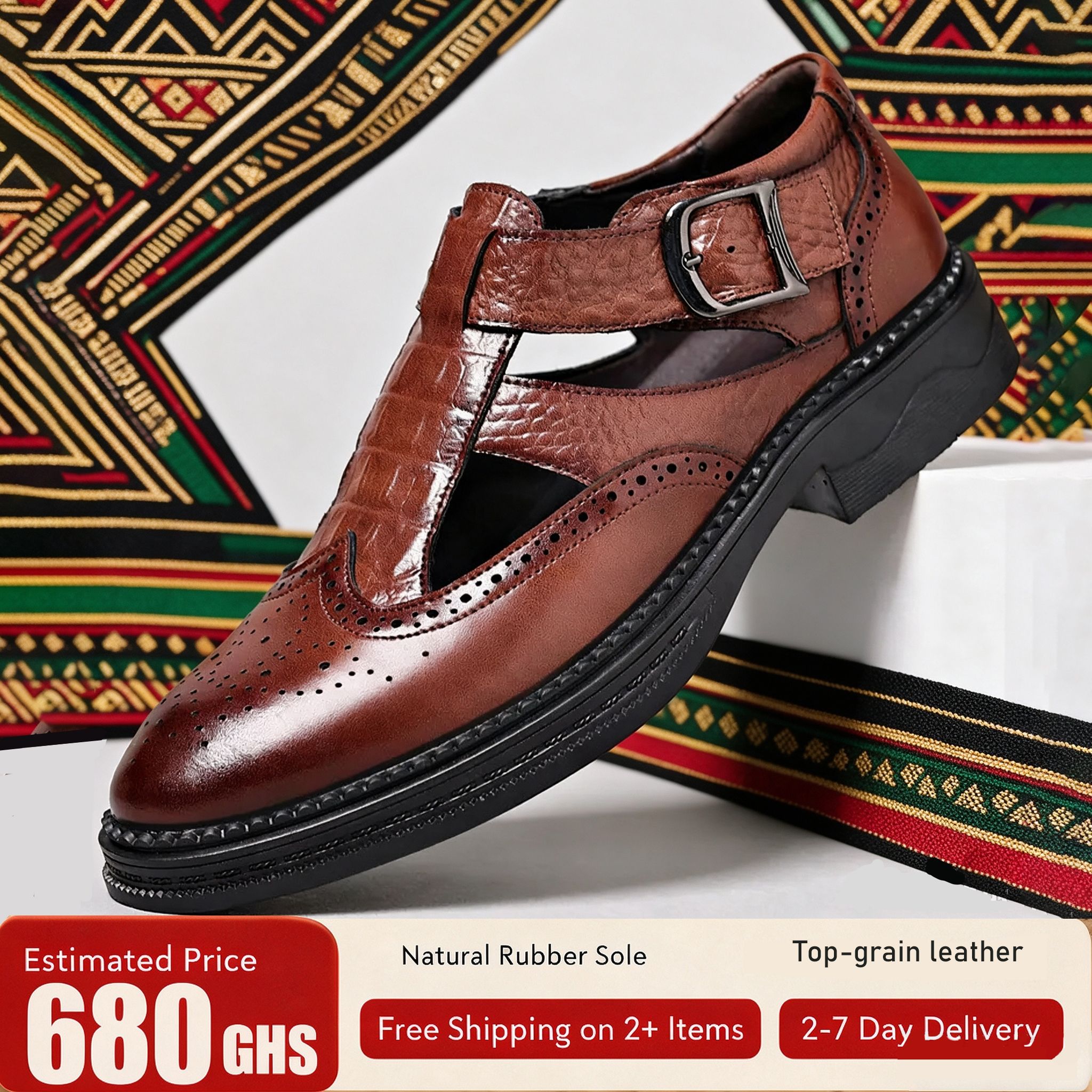 🔥Ghana - Men's Brogue T-Strap Genuine Cowhide Sandals🔥Free Shipping for 2+ Purchases-LB-SD-010
