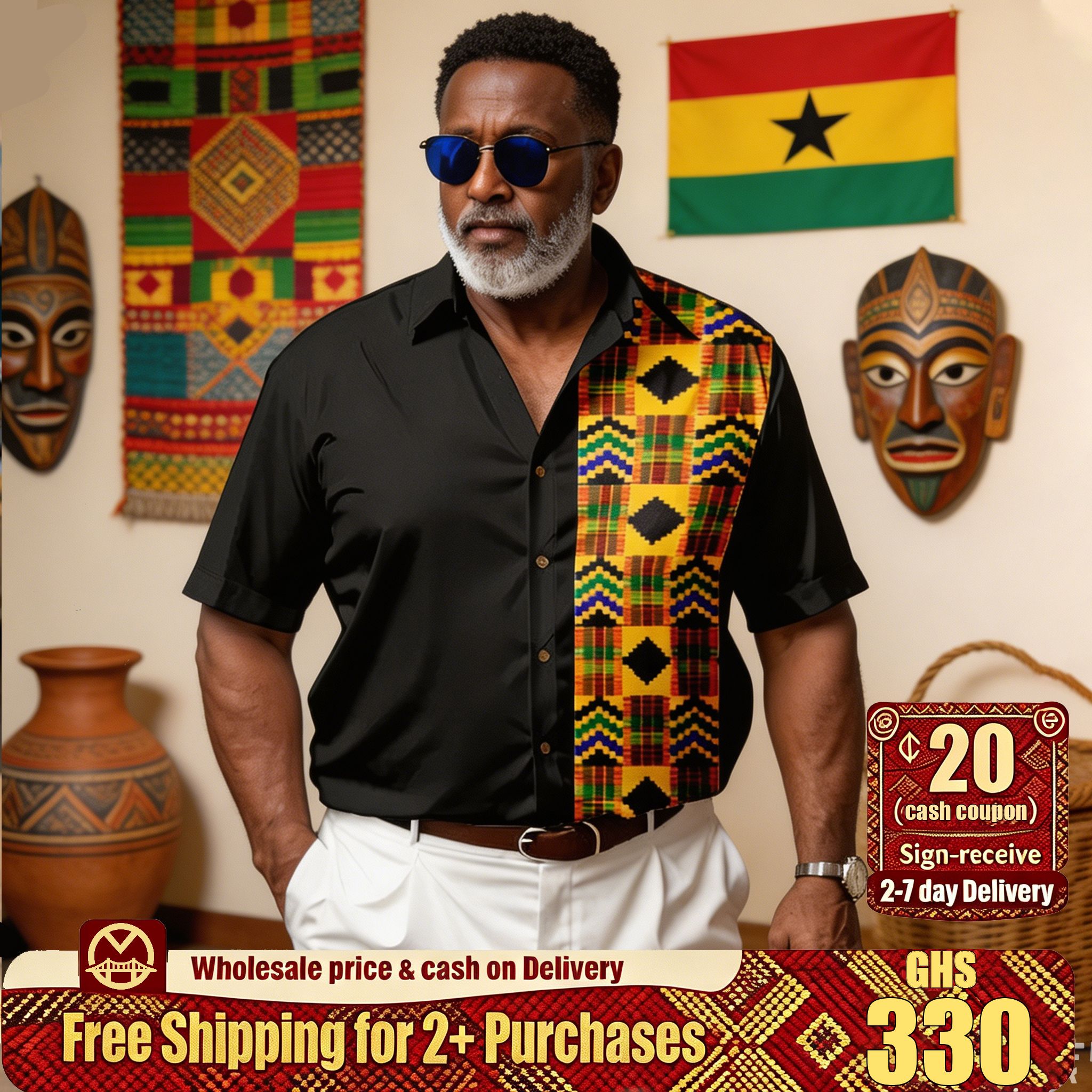 🔥Ghana - One Side Kente Print Black Short Sleeve Shirt🔥Free Shipping for 2+ Purchases-YML-CP-017