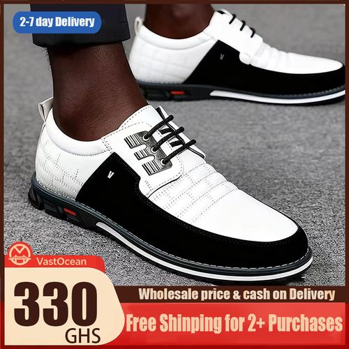 Men's Business Casual Leather Shoes: Premium leather, non-slip sole, black-white colorblock for elegant style.