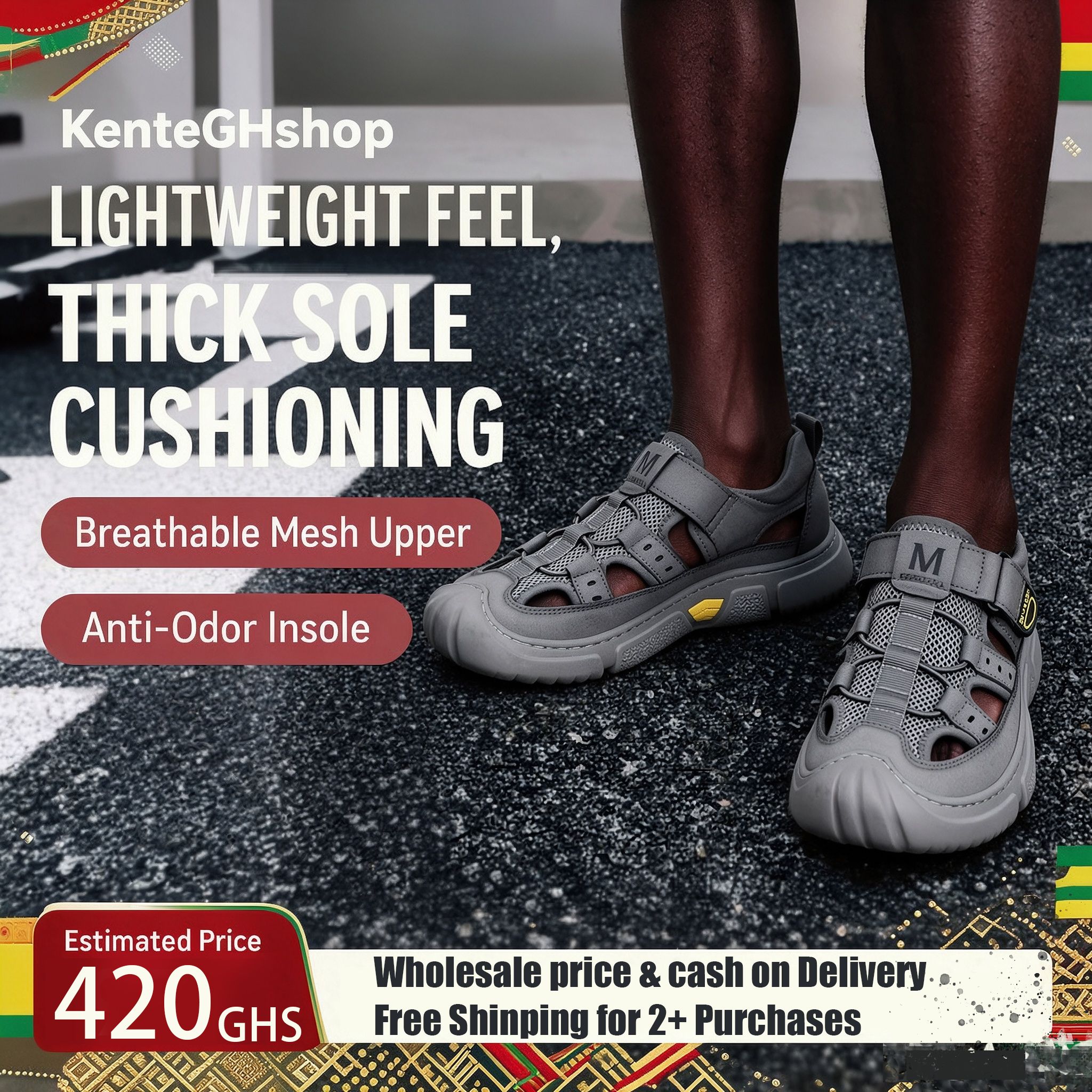 🔥Ghana - Men Grey Closed Toe Mesh Thick Sole Sandals🔥Free Shipping for 2+ Purchases-LB-SD-0071