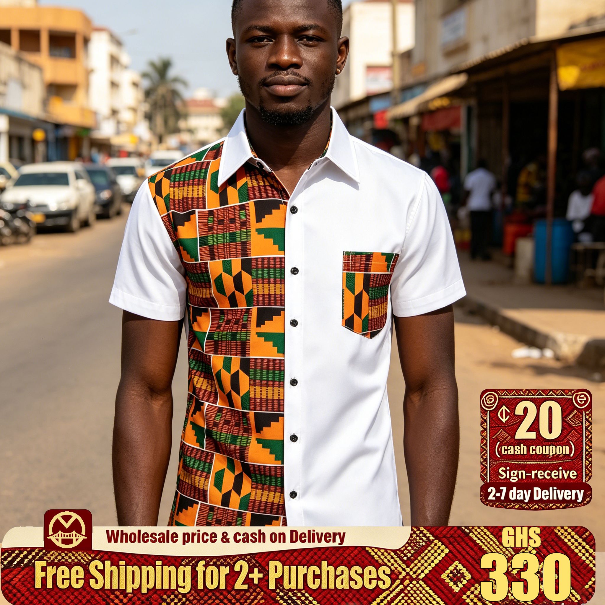 🔥Ghana - Men's African Print White Shirt🔥Free Shipping for 2+ Purchases-YML-CP-013