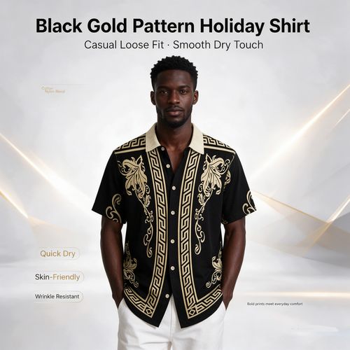 🔥Ghana - Black Gold Baroque Print Short Sleeve Shirt🔥Free Shipping for 2+ Purchases-LB-TEE-003