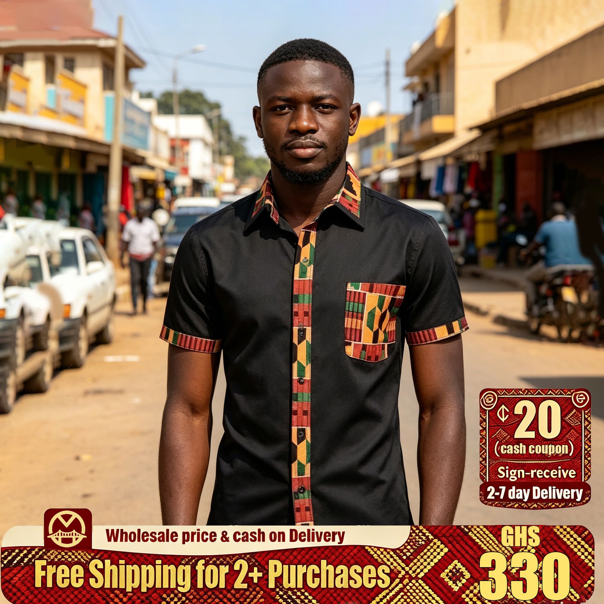 🔥Ghana - Men's Kente Patchwork Short Sleeve Shirt🔥Free Shipping for 2+ Purchases-YML-CP-012