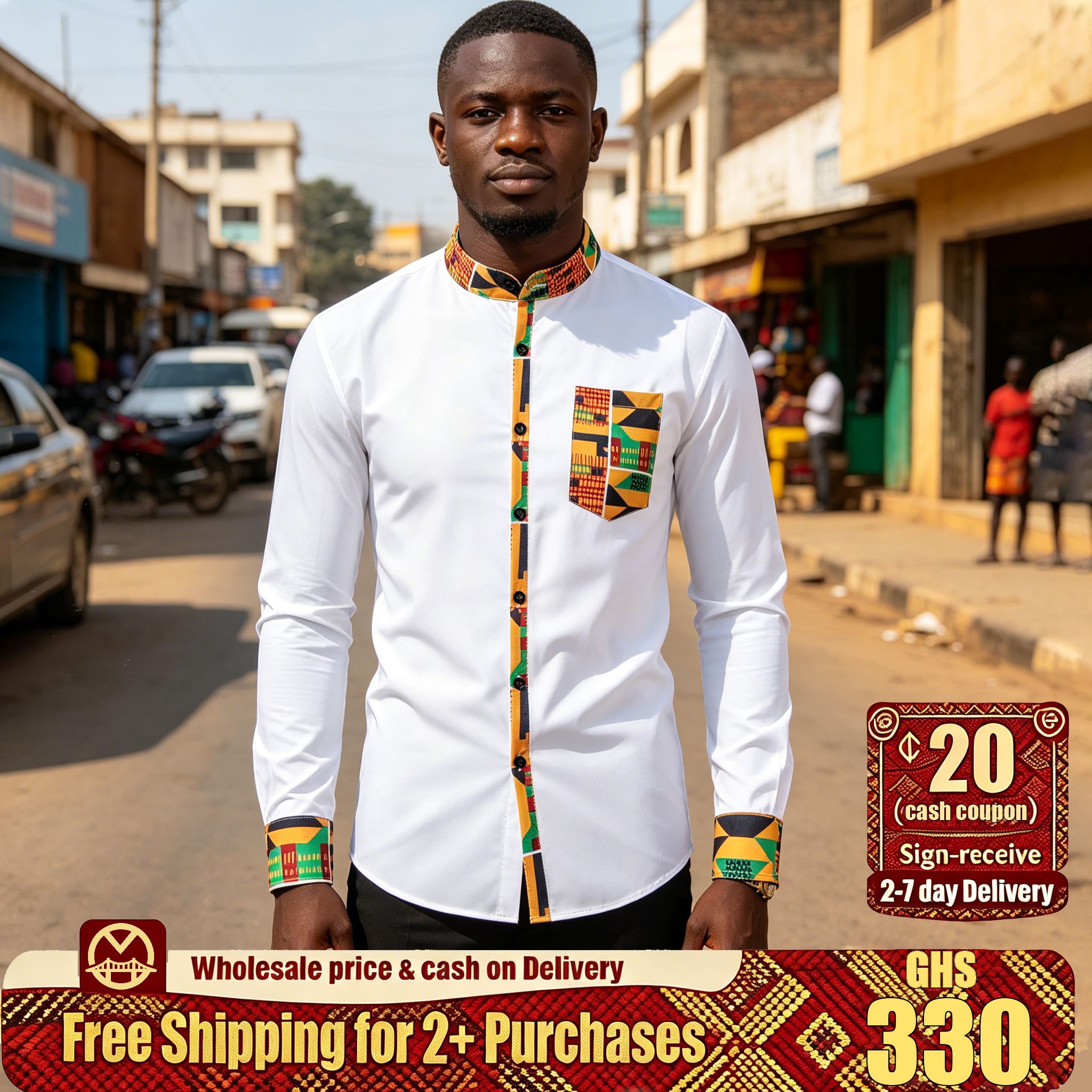 🔥Ghana - Men's Mandarin Collar Kente Trim Long Sleeve Shirt🔥Free Shipping for 2+ Purchases-YML-CP-016