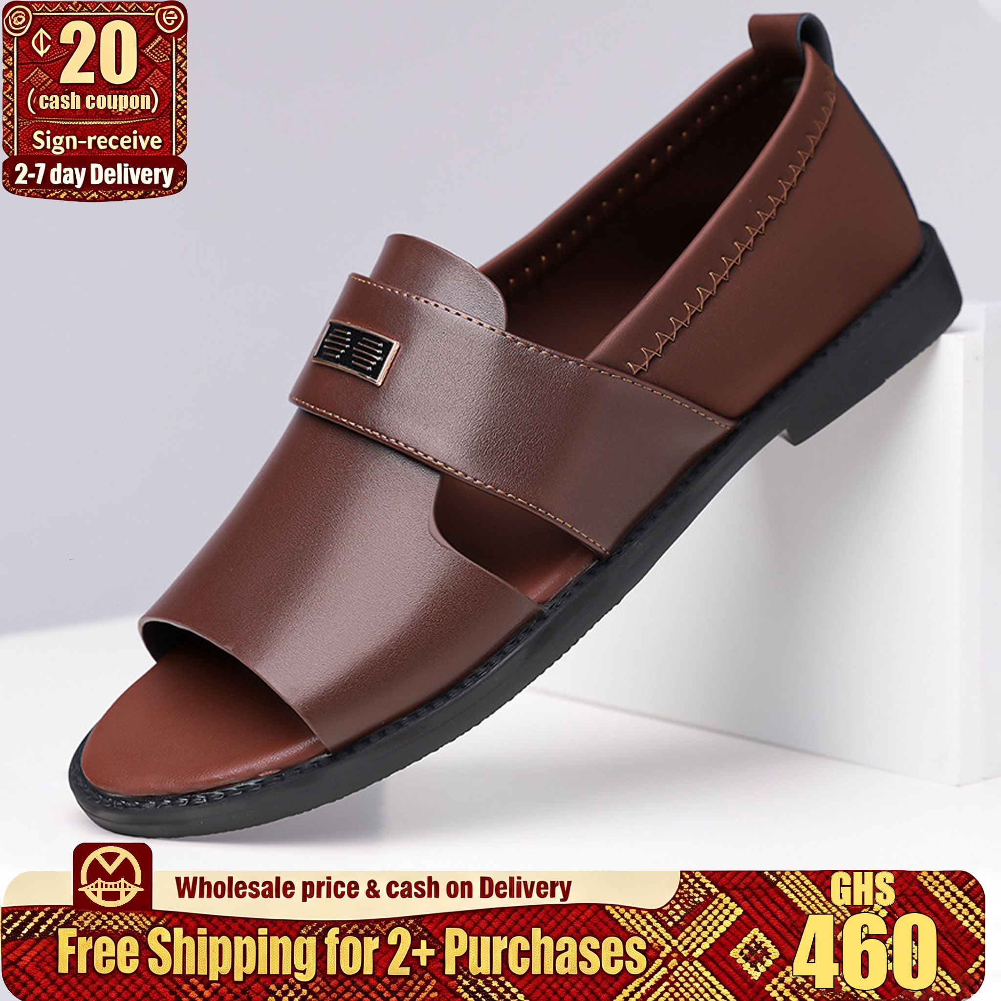 🔥Ghana -Brown Men's Metal Buckle Cutout Leather Sandals🔥Free Shipping for 2+ Purchases-YML-CP-006