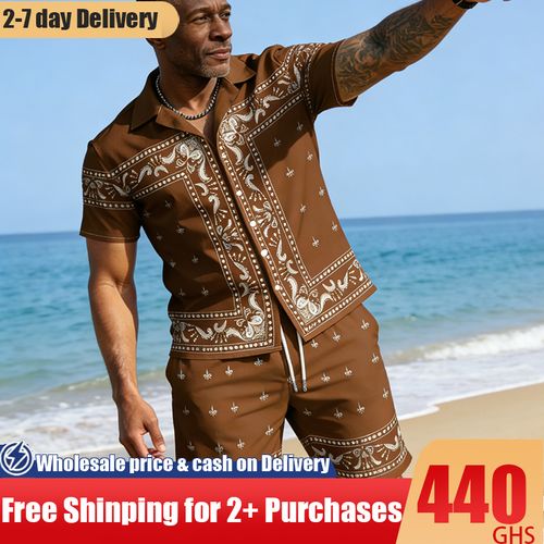 0206Brown Patterned Cuban Collar Lyocell SetDW063