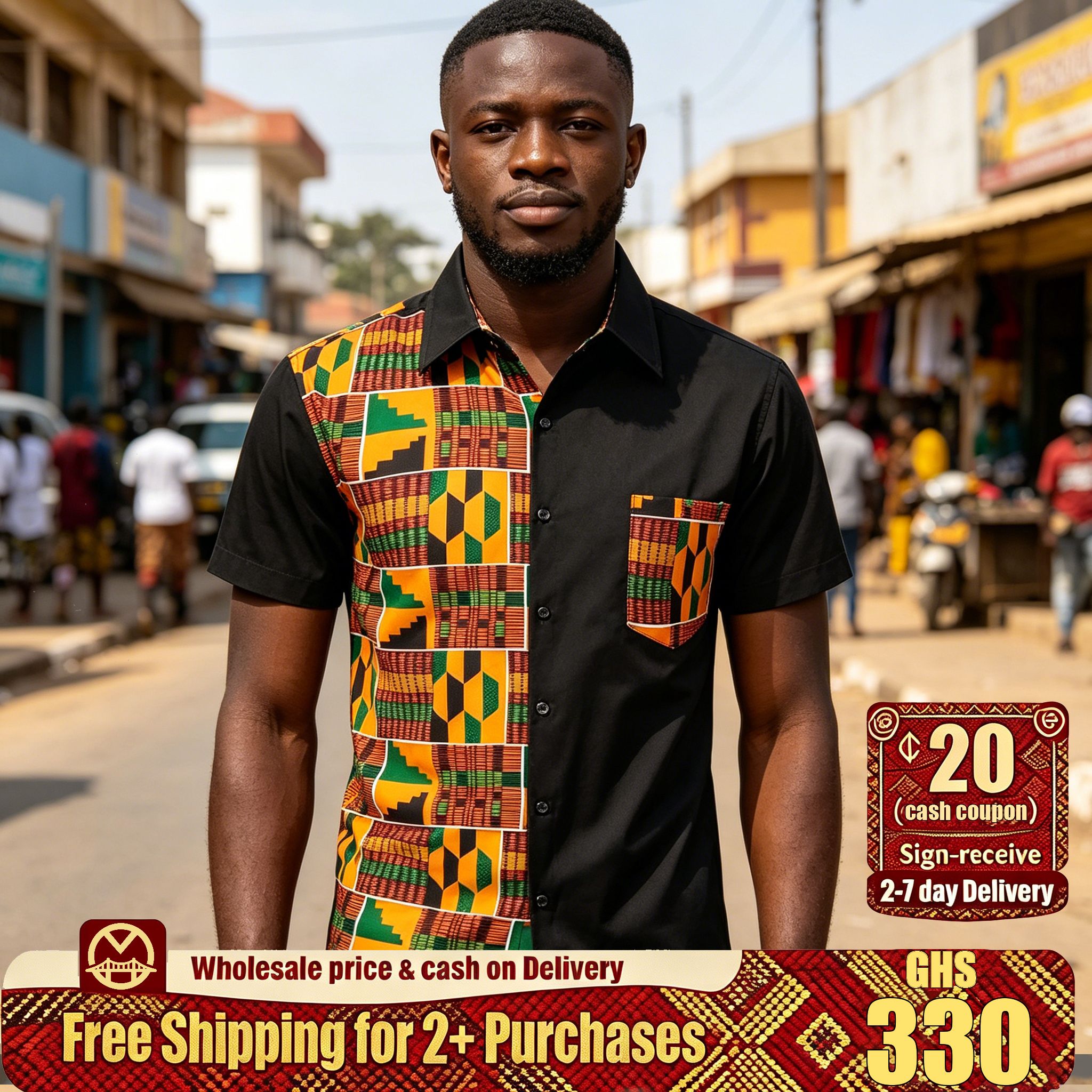 🔥Ghana - Half Kente Black Short Sleeve Shirt🔥Free Shipping for 2+ Purchases-YML-CP-015