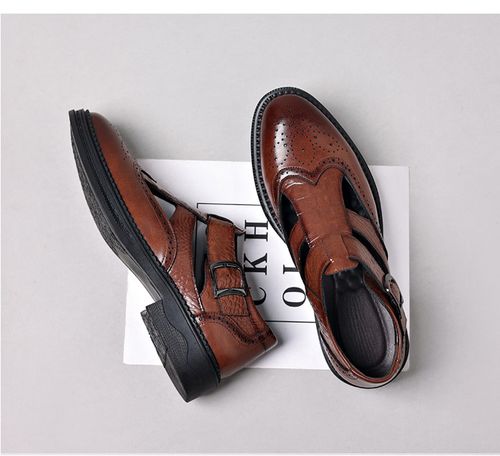 Men's business formal leather shoes, men's brock engraved genuine leather perforated men's shoes
