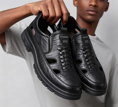 0929Black hollow breathable genuine leather sandalsYML010