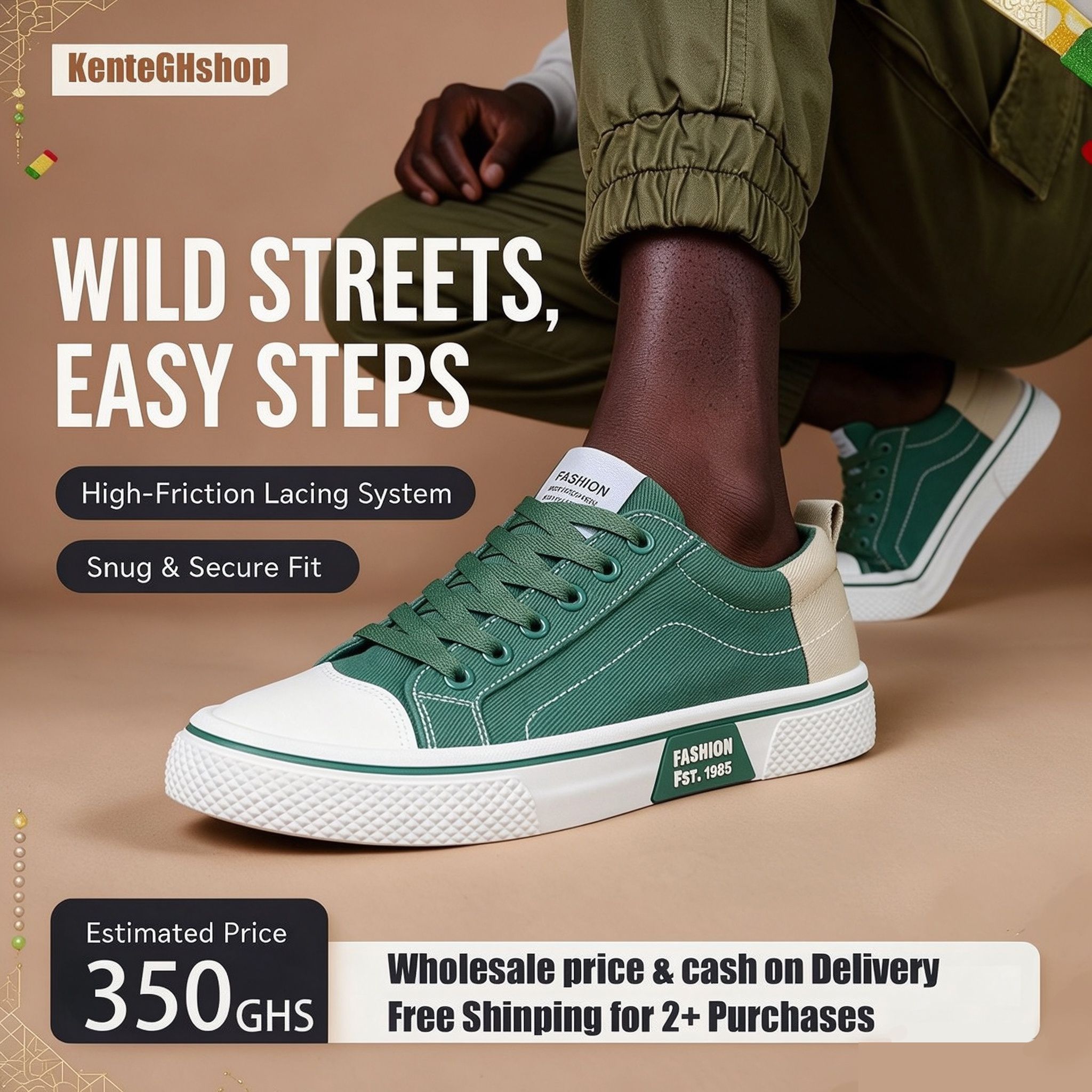 🔥Ghana - Men Green Canvas Low Top Sneakers🔥Free Shipping for 2+ Purchases-LB-CAS-011