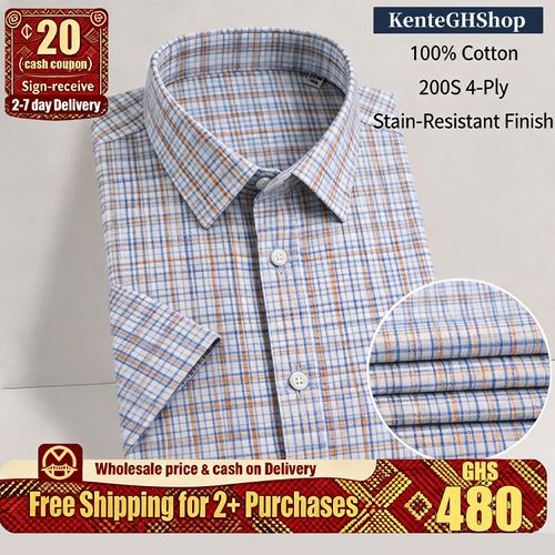 🔥Ghana - 200S 4-Ply Cotton Blue Brown Plaid Short Sleeve Shirt🔥Free Shipping for 2+ Purchases-LB-CY-002