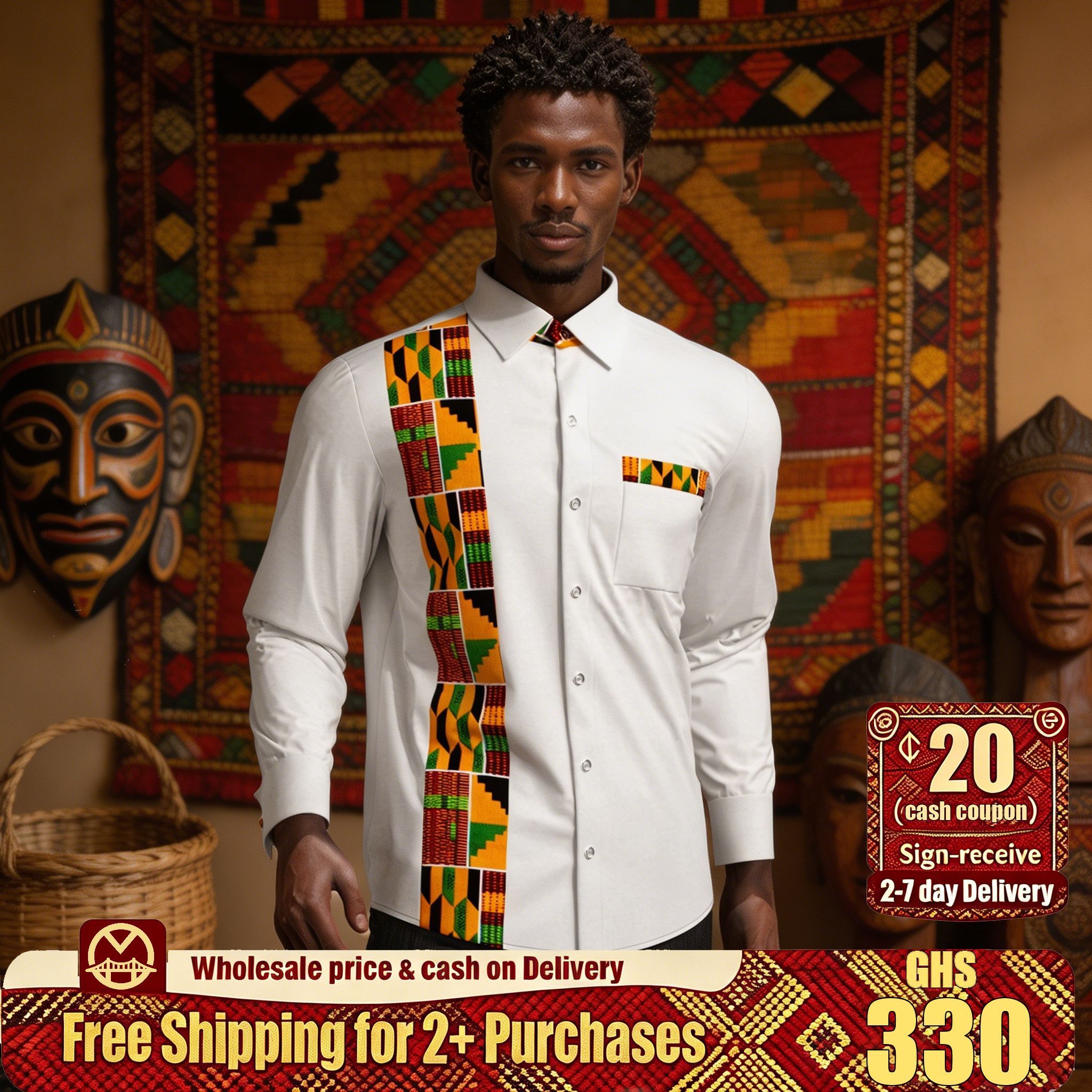 🔥Ghana - Vertical Kente Trim Long Sleeve Shirt🔥Free Shipping for 2+ Purchases-YML-CP-018