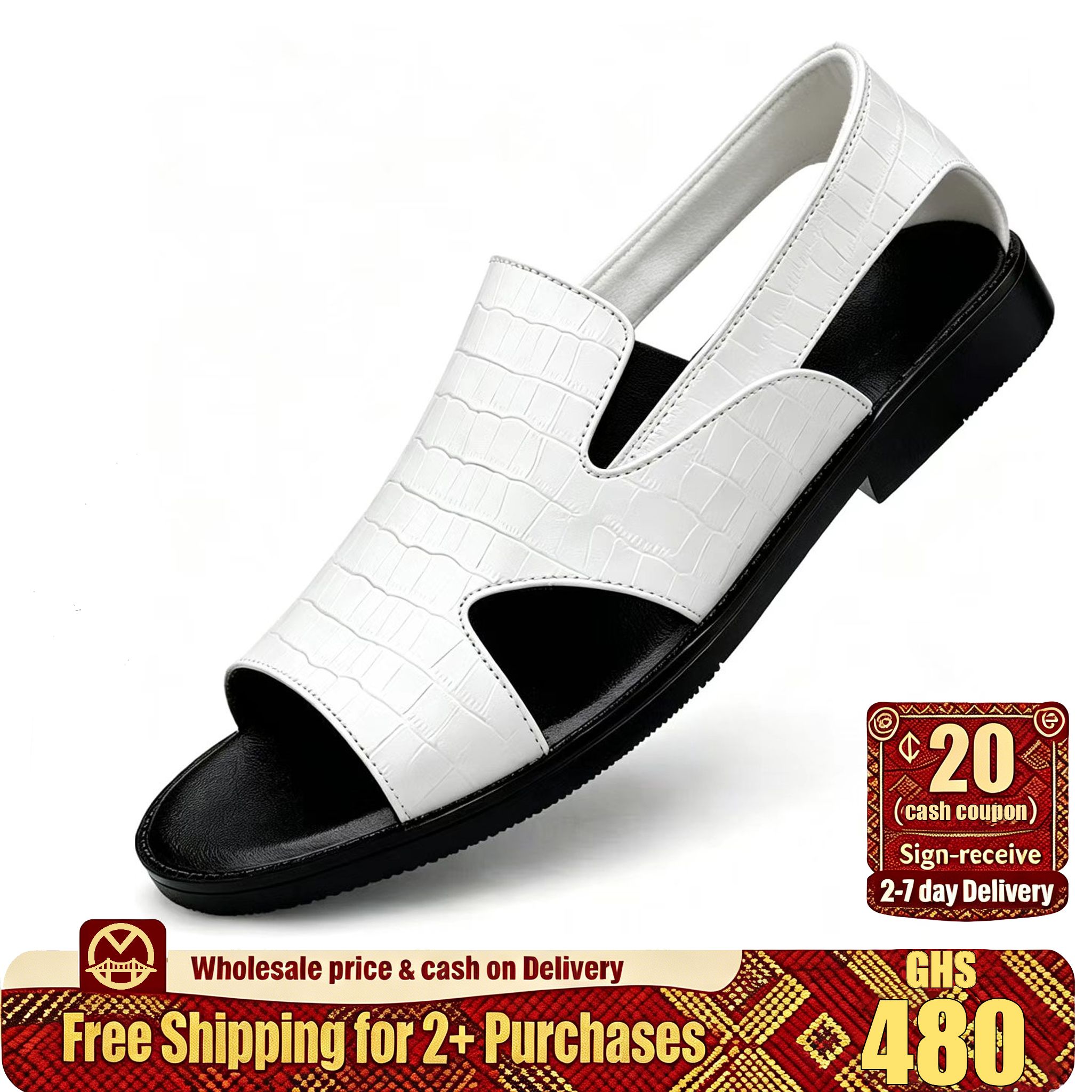 🔥Ghana -White crocodile grain leather sandals🔥Free Shipping for 2+ Purchases-YML-CP-001