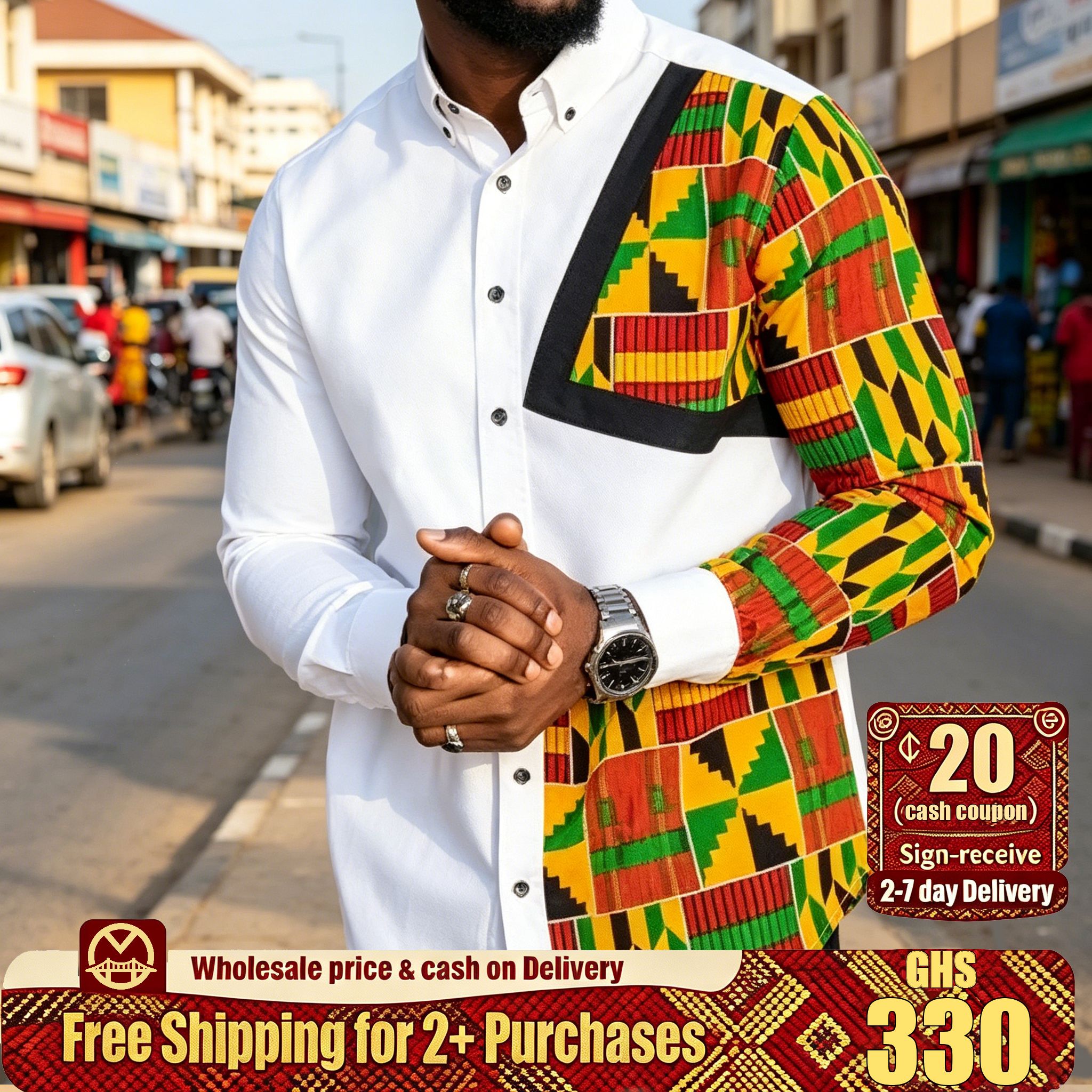 🔥Ghana - Diagonal Kente Print Long Sleeve Shirt🔥Free Shipping for 2+ Purchases-YML-CP-014