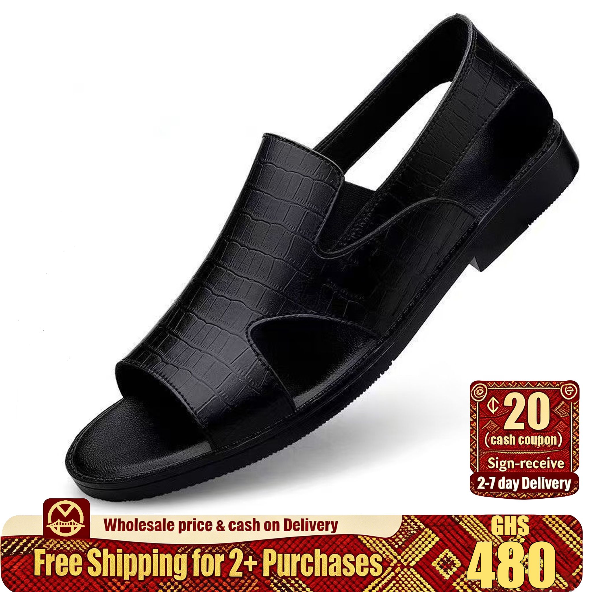 🔥Ghana -Black crocodile grain leather sandals🔥Free Shipping for 2+ Purchases-YML-CP-002