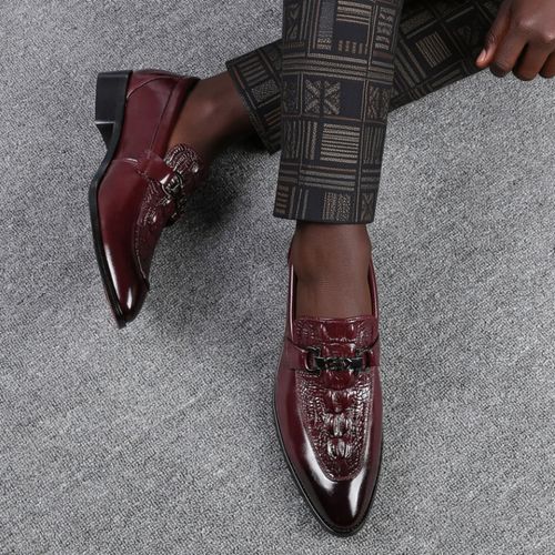 🔥2026 HOT SALE -50%🔥Men Burgundy Croc Embossed Horsebit Loafers-DW-BZ-012