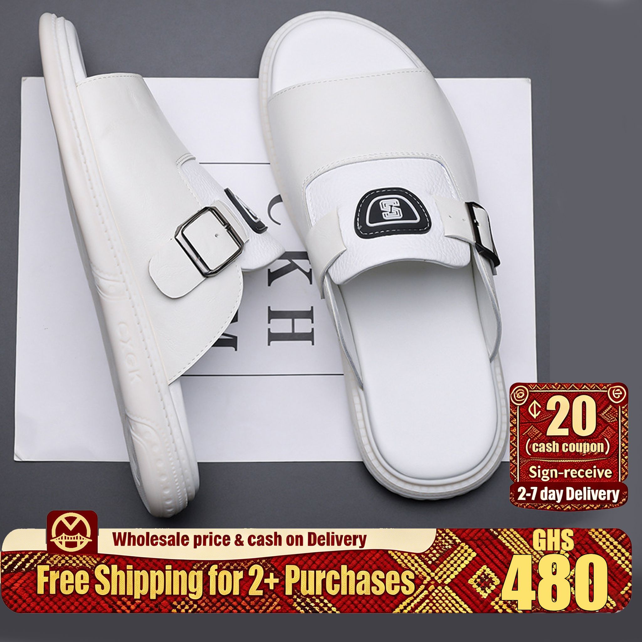 🔥Ghana -Buckle White Leather Slides🔥Free Shipping for 2+ Purchases-YML-CP-010